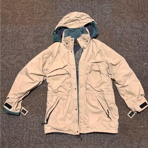 Eddie Bauer Men's Beige Green Hooded Parka Jacket Button Zipper Logo Accents